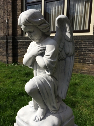 Angel kneeling on a pedestal, full solid cast stone statue, beautifully designed!!